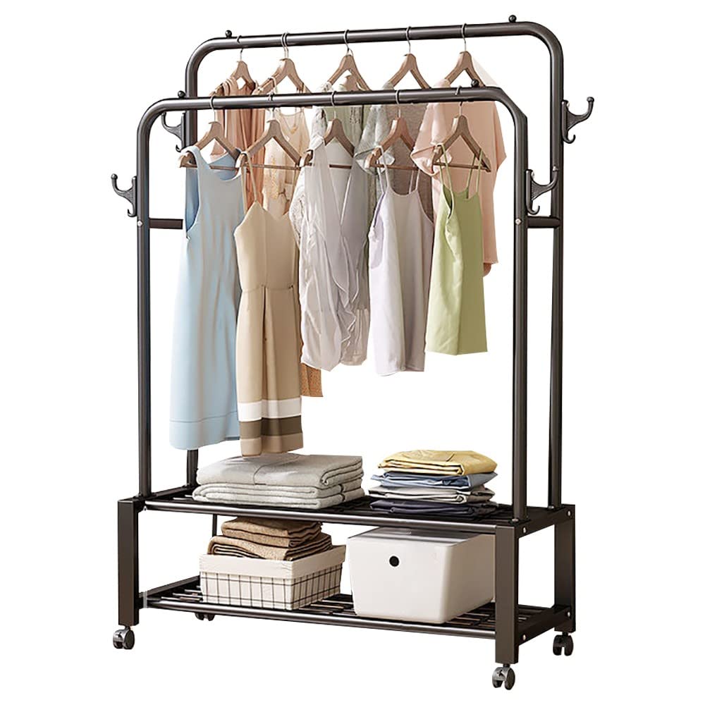 MYUYEE Metal Coat Rack Stand, 3-In-1 Design Coat Stand With 2-Tier Shoe Stand, With 4 Hooks, Maximum Load 150Kg, For Living Room, Hallway, Bedroom, L:110Cm/130Cm/150Cm, Easy To(Black-110Cm)