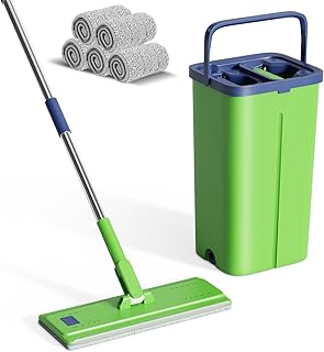 Conjunto de Esfregona, Esfregona de Microfibra com Balde Escorredor, Esfregonas para Limpar Chão com 5 Almofadas Reutilizáveis e Cabo de Aço Inoxidável, Adequado para Azulejos e Pisos de Madeira