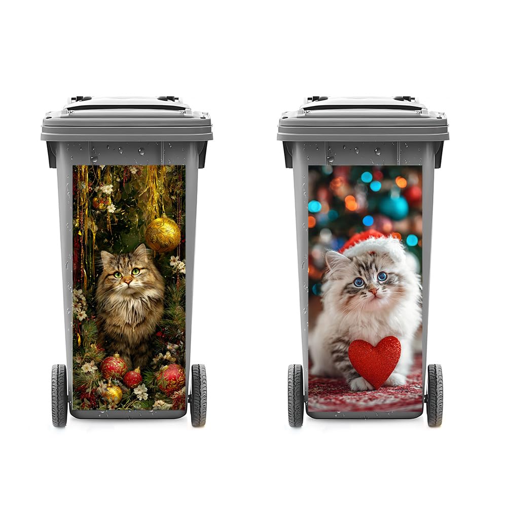 2 PC Trash Can Sticker 14.57 × 32.28 Inch Fluffy Kitten Christmas Vinyl Sticker with Santa Hat Red Heart Gold Ornament Pine Garland for Outdoor Garbage Bin Garden Yard Decor