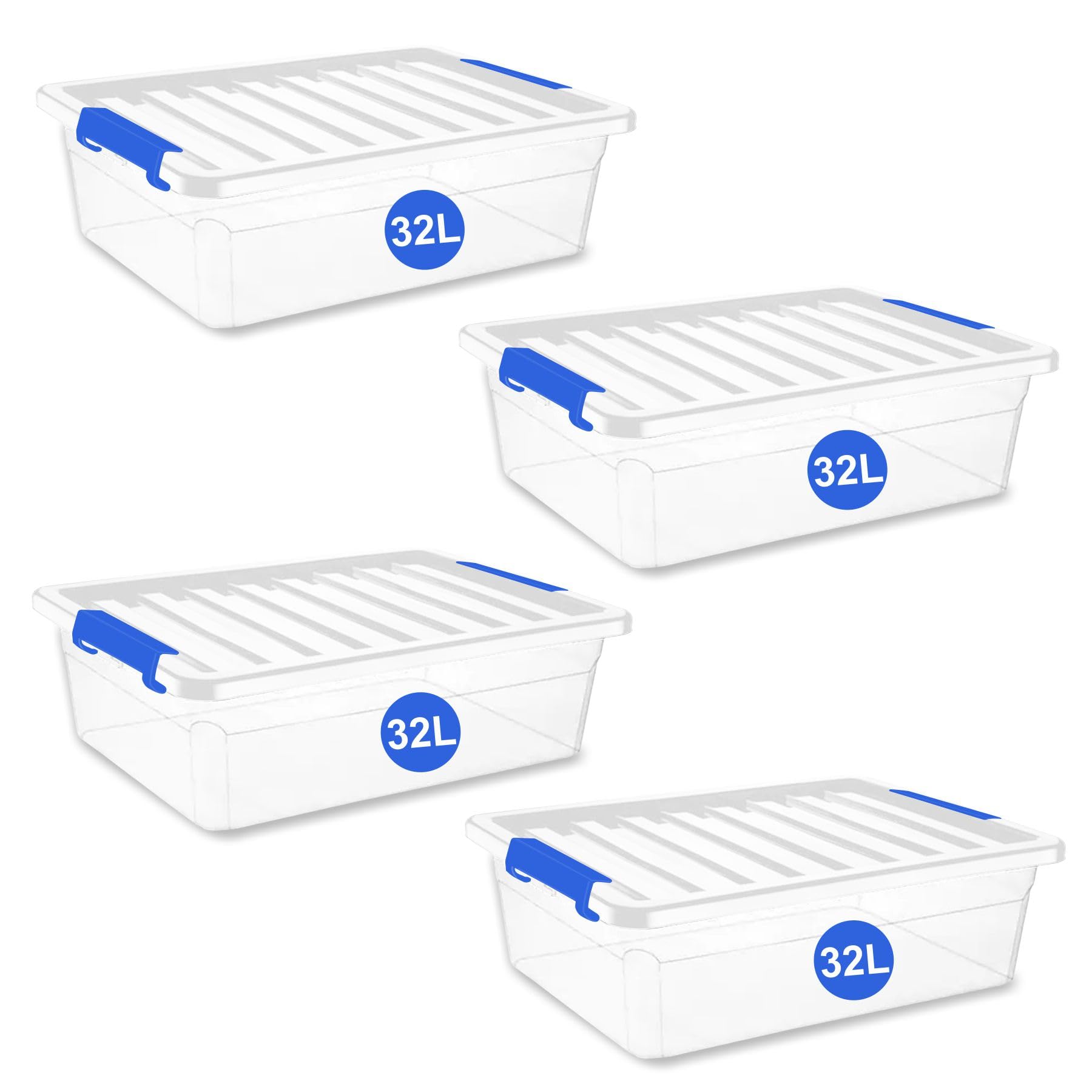RelianceUK 4 X 32L Underbed Plastic Storage Box with Clip Lock Lid - Strong Stackable Storage Boxes 32 Litres - Home, Office, Kitchen, Storage Containers | Made in UK (32 Litre / 4 Pack)