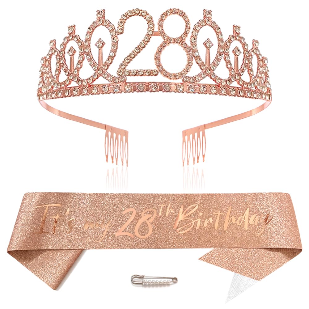 Rose Gold 28th Birthday Tiara Sash for Girls Princess Crown Crystal Queen Tiara Birthday Headbands Happy Birthday Decorations Birthday Sash Tiara Kit Girl Birthday Clothing Accessories Party Supplies