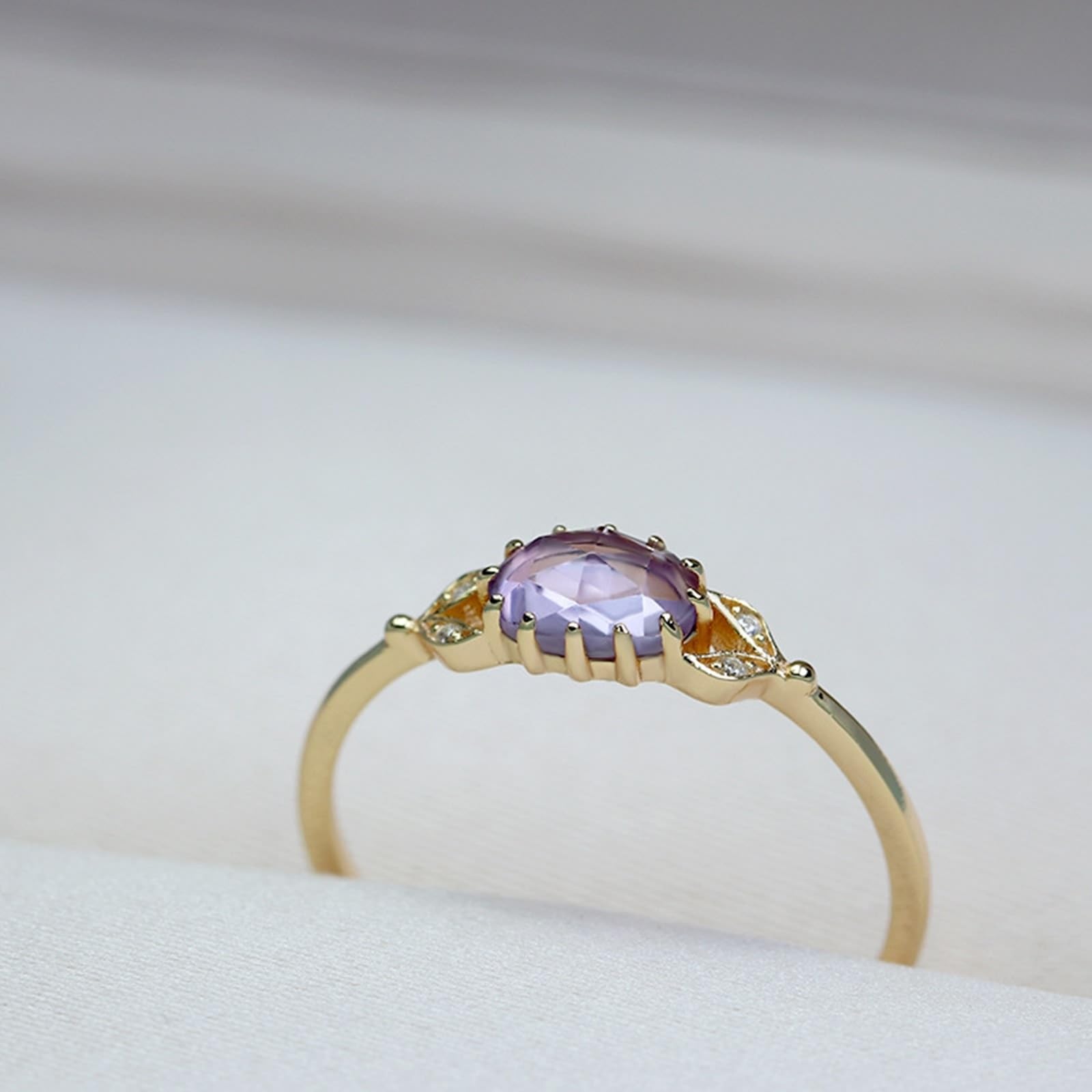 Anillo de boda oro 9 K/14 K/18 K con amatista morado ovalado, hoja vintage