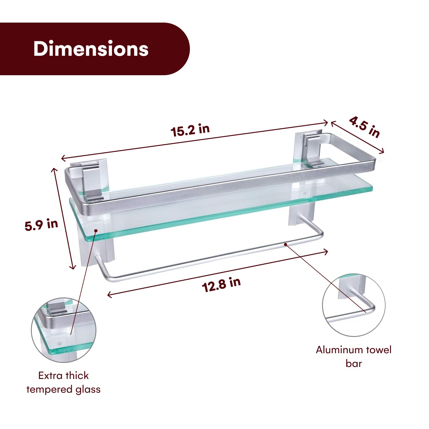 Vdomus Glass Bathroom Shelf with Hand Towel Bar, Rectangular Wall Mounted Bathroom Shelf Storage Extra Thick Tempered Glass, 15.2x4.5 inches with Brushed Silver Finish