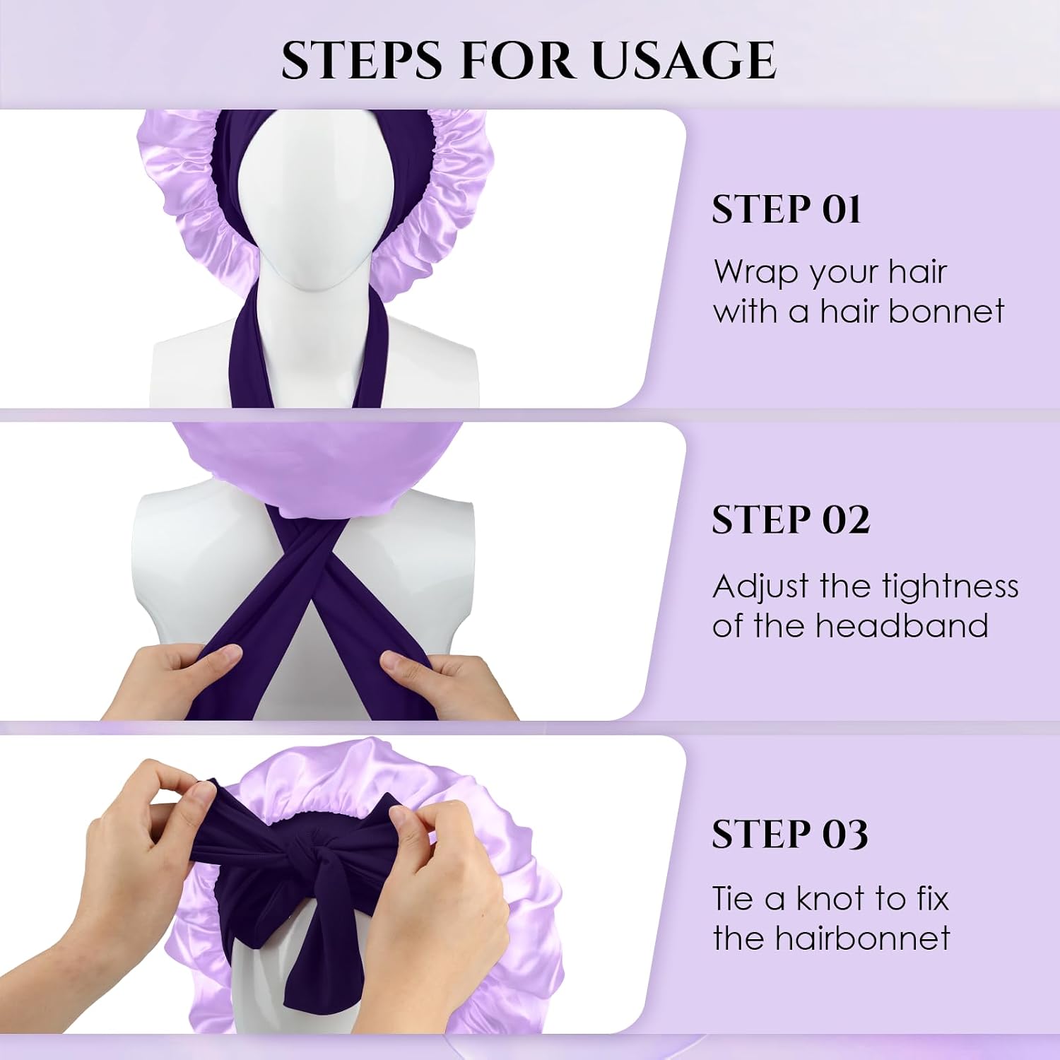 Reversible Satin Bonnet for Sleeping Women, Double Layer Soft Ajustable Elasticity Band Satin Bonnet for Sleeping Hair Silk Sleep Cap Reduce Frizz (Purple+Purple)