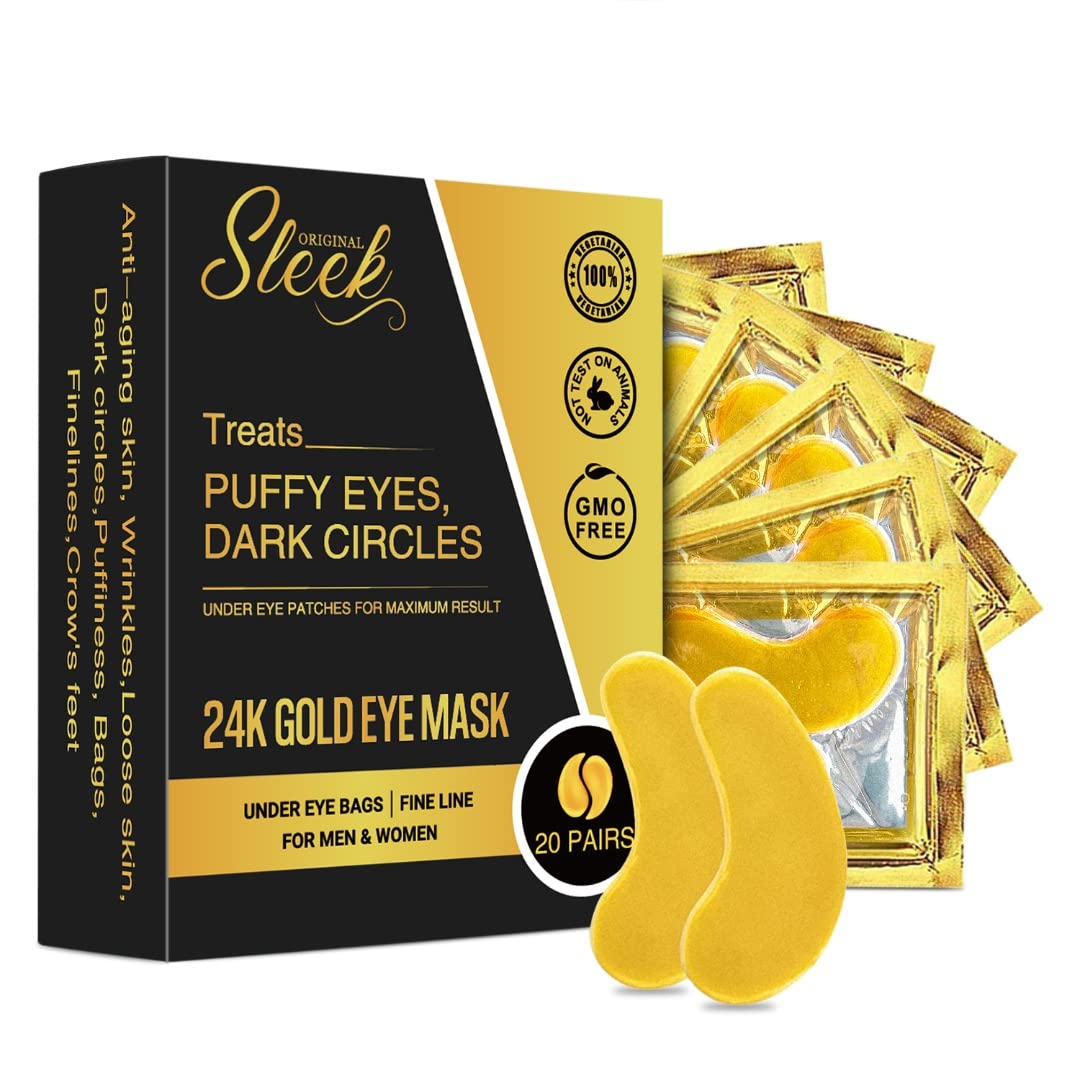 24k Gold Under Eye Patches (20 pairs) - collagen patches, dark under eye circles treatment, bags under eyes treatment for women,puffy eye mask, under eye mask patches