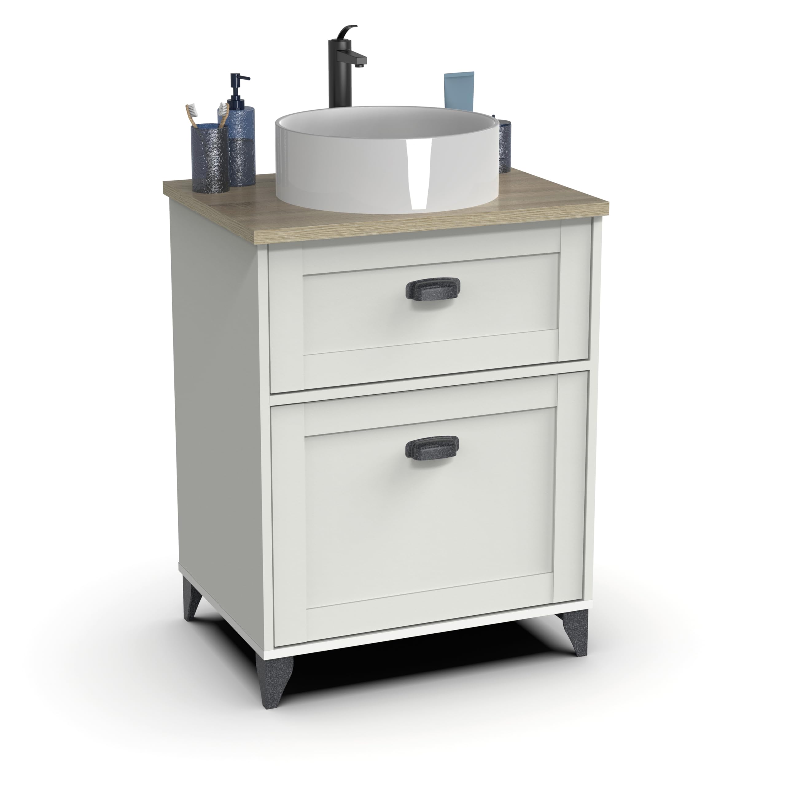 MUEBLES PITARCH Mobile da bagno 60 cm larghezza con gambe, cassetto guide chiusura morbida, 1 porta, per lavabo da sovrapposizione, bianco e rovere cambriano, stile vintage modello Toscana