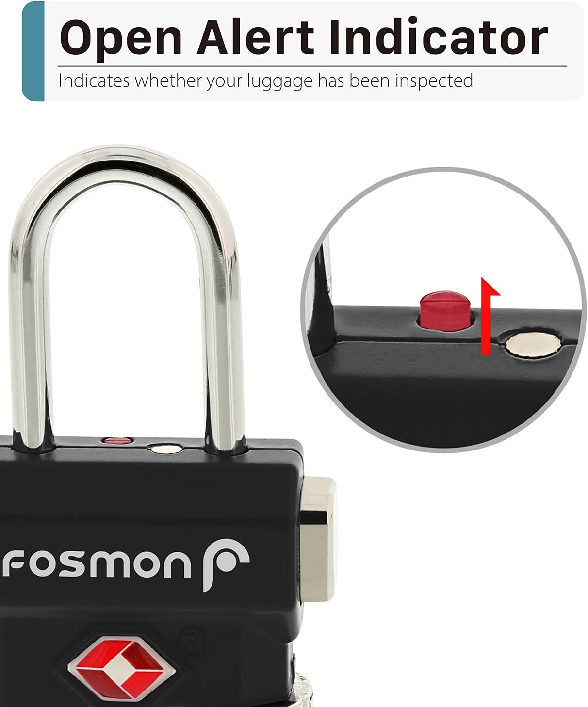Close-up of the top of a Fosmon TSA Accepted Luggage Lock, showing the red Open Alert Indicator in the popped-up position.