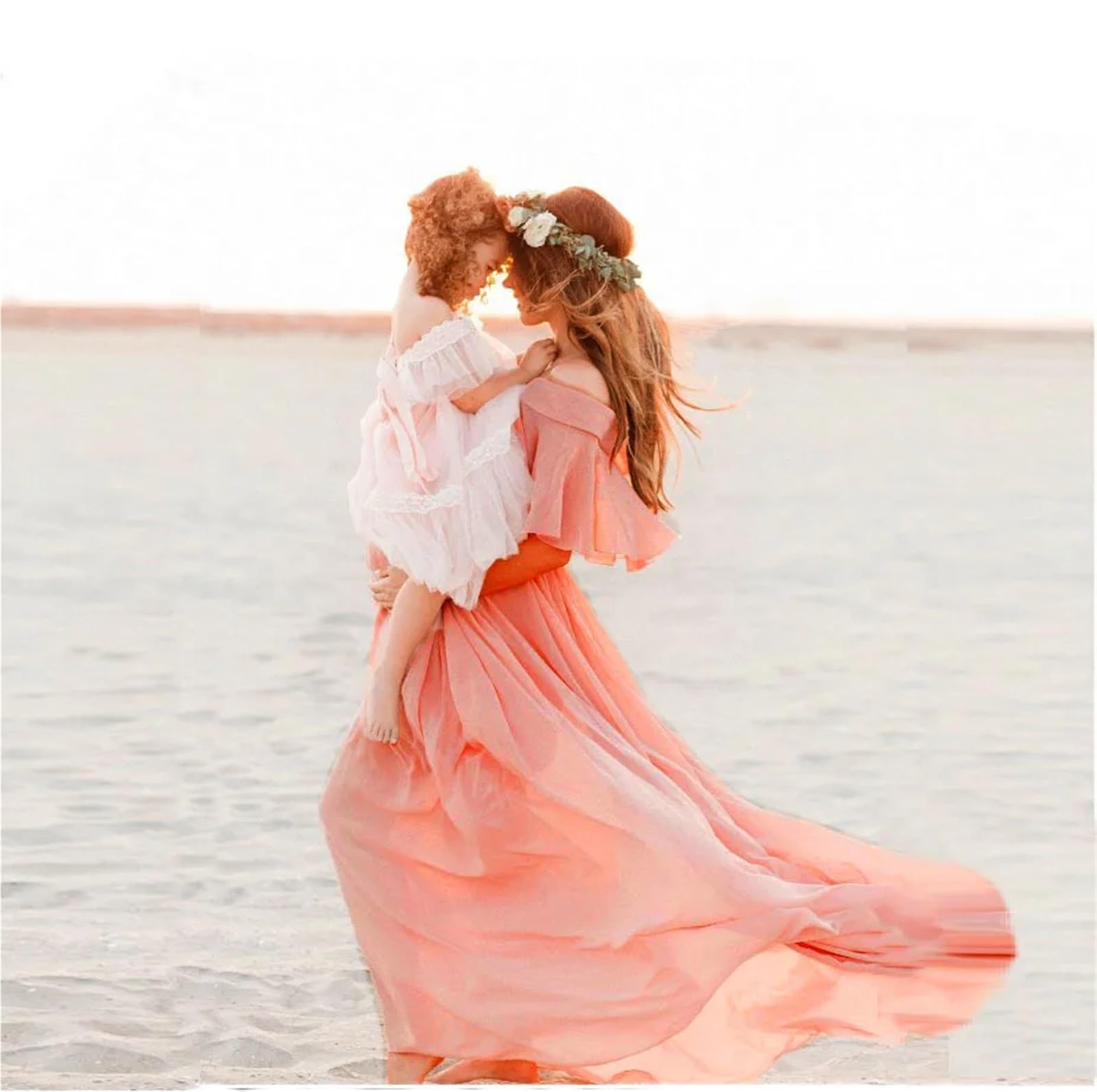Abiti Premaman Abito Lungo Boho Ampio e Largo in Misto Raso di Cotone Chiffon, con Maniche fluide Spalle Scoperte, Sexy Fotografico for maternità
