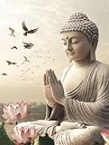 Buddha Malen Nach Zahlen Erwachsene mit Rahmen, Lotus Malen Nach Zahlen ab 7 Jahre Mädchen Kinder Anfänger, 5D DIY Paint by Numbers Bastelset mit 3 Pinseln und Acrylfarbe, Home Wanddeko, 60x90cm -8067