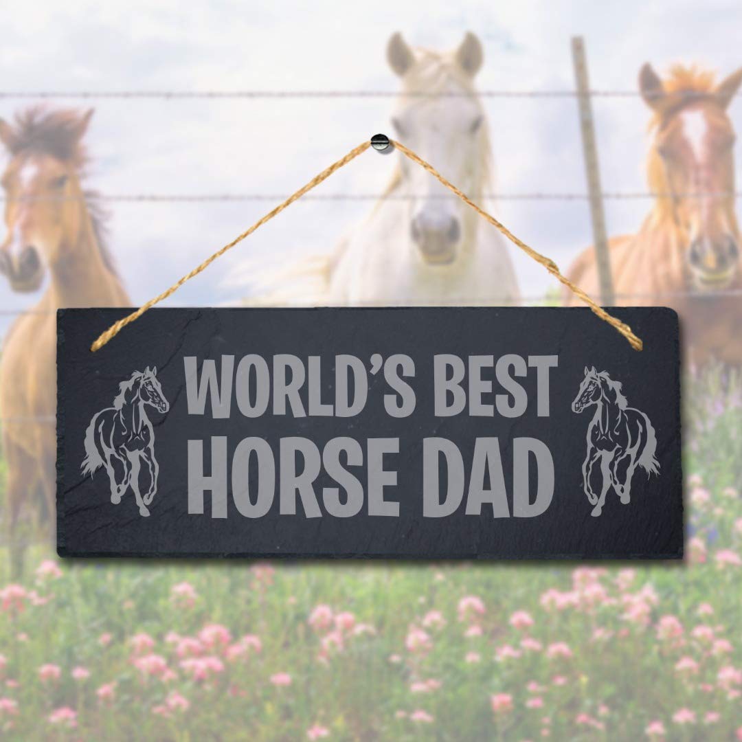Stukk World Best Horse Dad Laser Hanging Shed Pet Animal Sign, Natural Engraved Slate Stone Plaque, 30x12cm