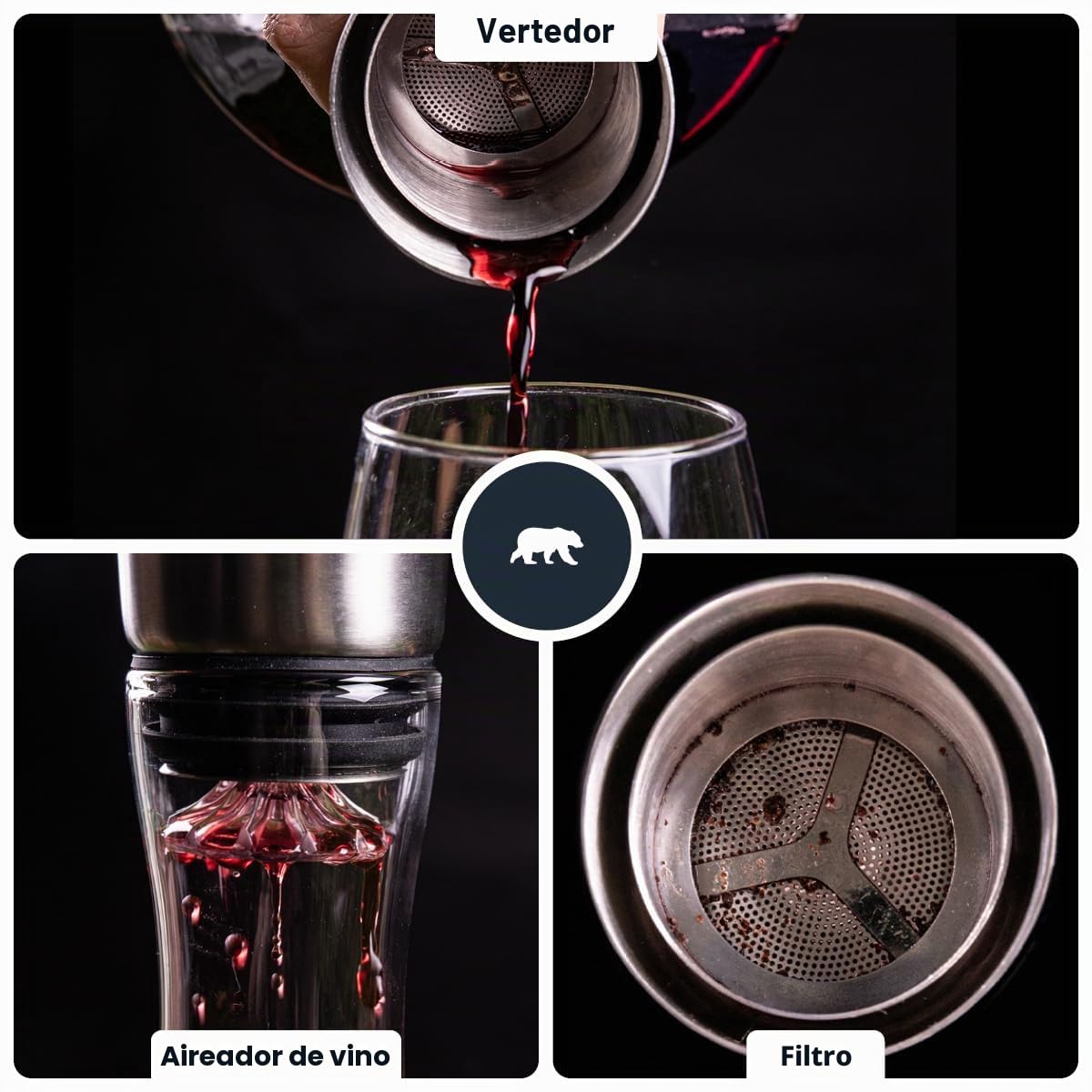 Decantador de vino 1.8 L | Vidrio cristalino de soplado artesanalmente con montañas en relieve | Tapón 3 en 1 (filtro, aireador y pico vertido) (Mont Blanc)