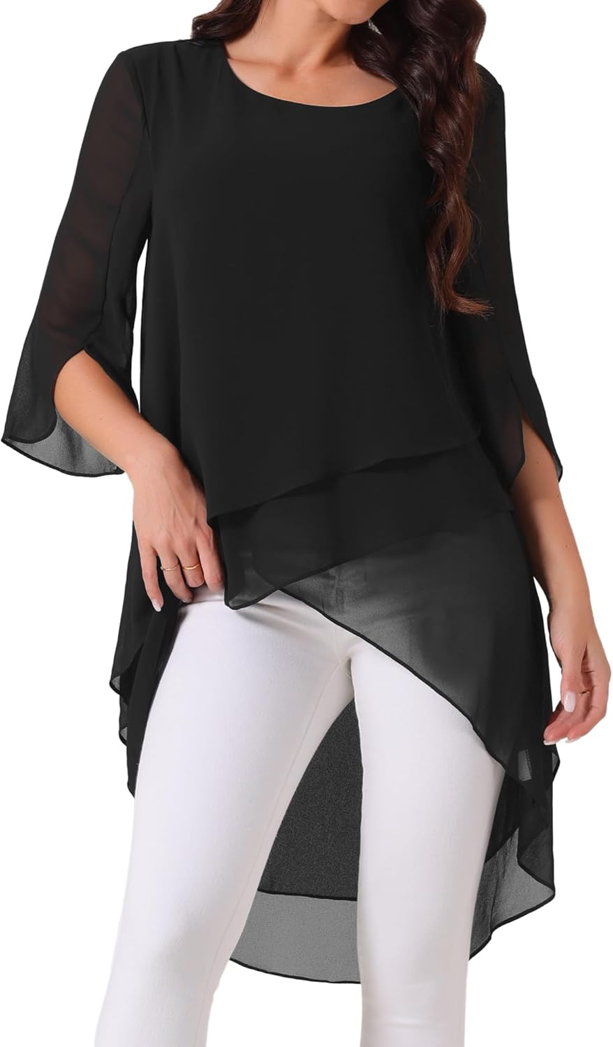 Seta T Women's High Low Tops Scoop Neck Chiffon Blouse Asymmetrical Loose Shirt 3/4 Sleeve Casual Summer Tops