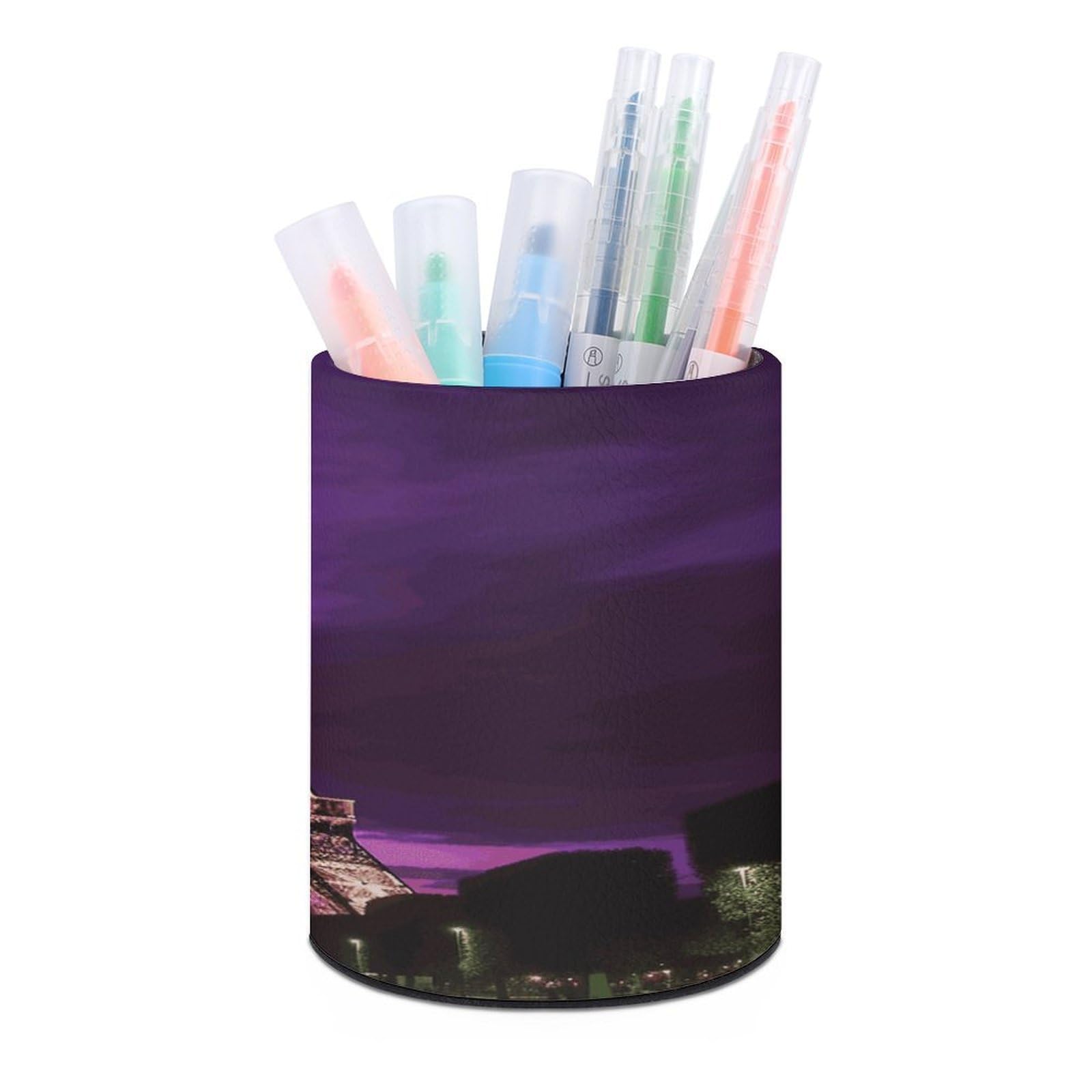 LDGSUPH Purple Eiffel Tower Round Pen Holder Leather Pen Cup Pencil Cup Pen Organizer Pencil Holder for Desk Organizer Pencil Organizers Makeup Brush Holders for Home Office Gift