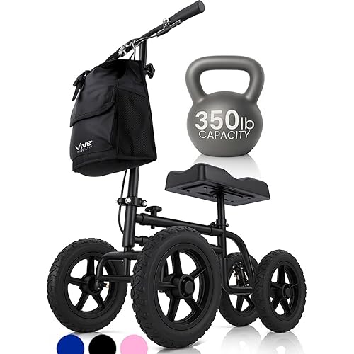 Vive Mobility All Terrain Knee Scooter Walker for Foot Injuries - Adult Broken Leg Crutch Cart Roller for Surgery, Broken Foot, Ankle Injury - Kneeling Rolling Steerable Seated Wheel Scooter Aid