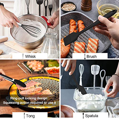 Image of LIANYU 12-Piece Black Silicone Kitchen Cooking Utensils Set with Holder, Kitchen Tools Include Slotted Spatula Spoon Turner Ladle Tong Whisk, Dishwasher Safe