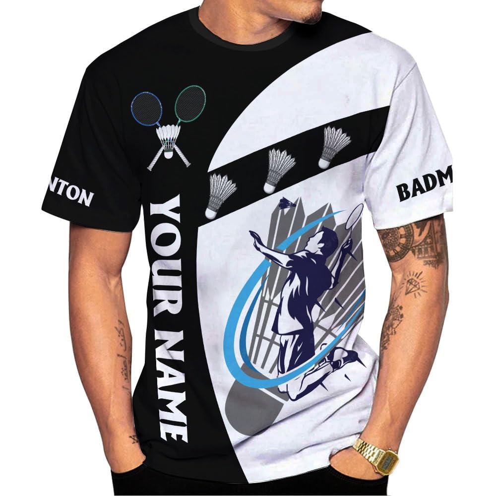 Riveprints Personalized Badminton Shirt 3D Over Print, Badminton Players T-Shirt, Badminton Sport Uniform Shirt for Men S-5XL (BMT 9)