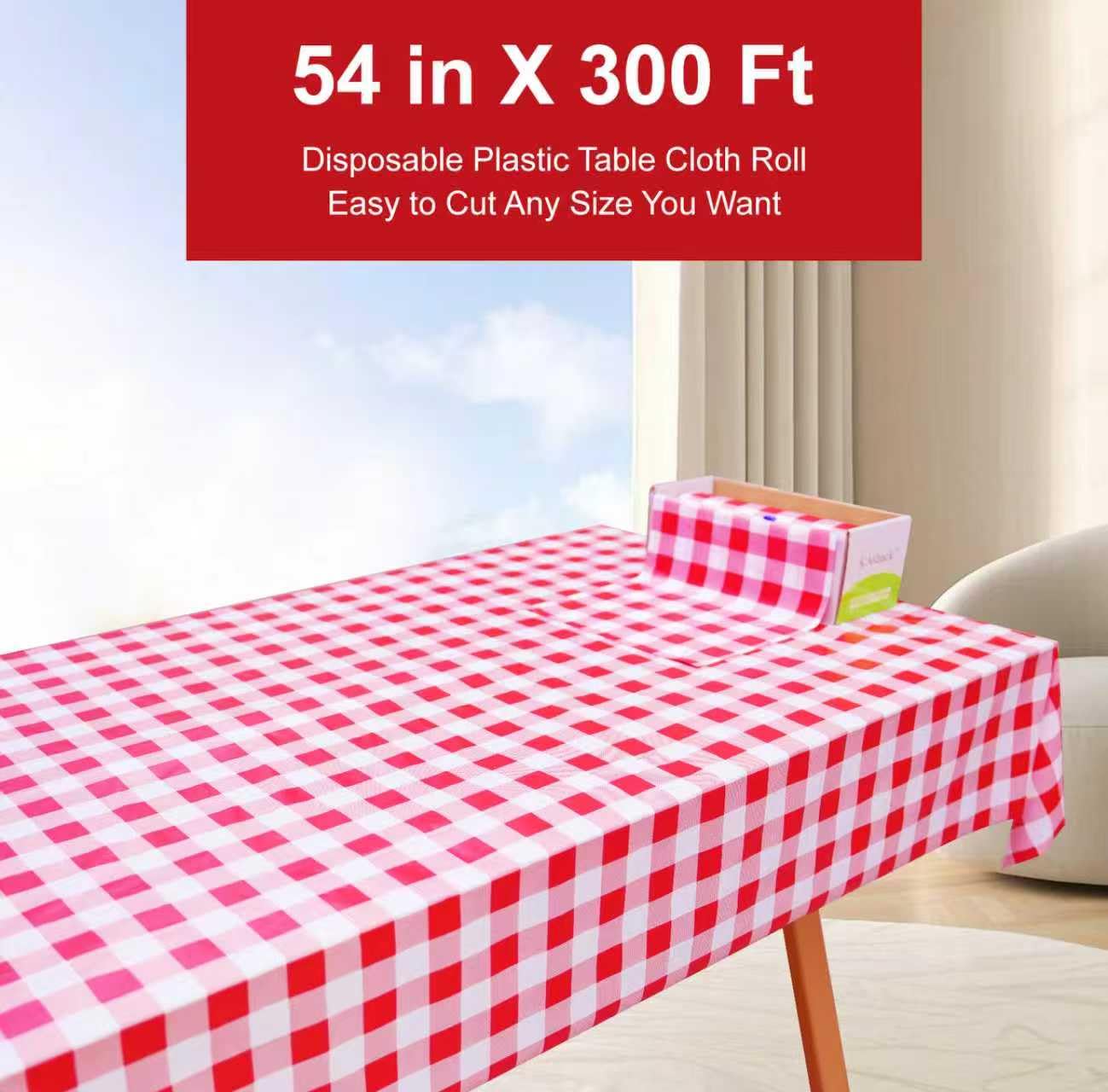 Tovaglia in plastica a rotolo, con comoda scatola scorrevole, tovaglia usa e getta a scacchi rossi per barbecue, feste, compleanni, matrimoni, attività all'aperto con adesivi (rosso bianco