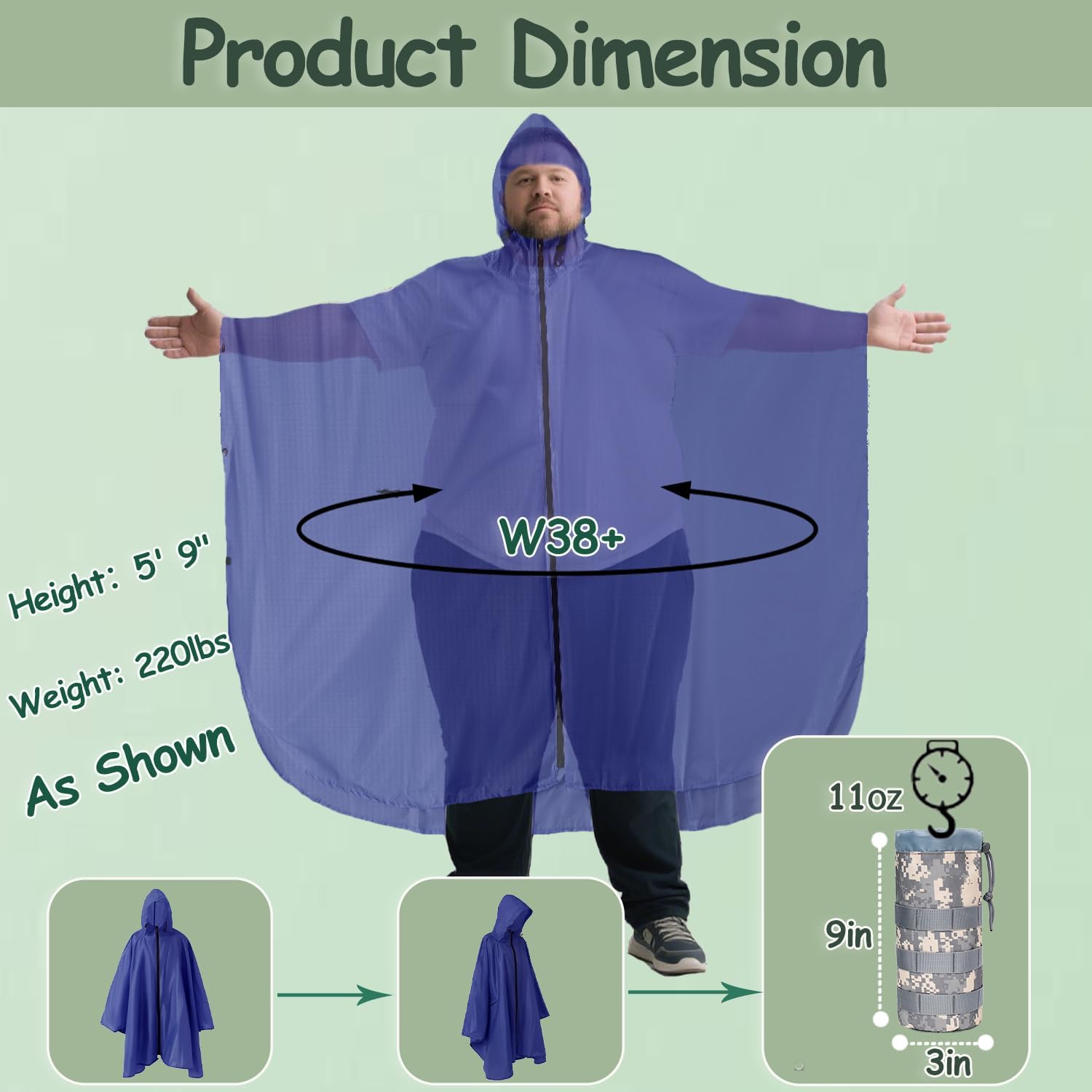 Plus Size Adult Rain Poncho with Hood and Zipper, Poncho Para Lluvia, Tactical Ponchos Adult For Camping, Hiking image 2