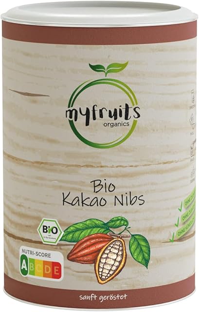 myfruits Bio Nibs kakao, 450 g, ziarna kakaowe bez dodatków, bez cukru, delikatnie prażone dla uzyskania czekoladowego smaku, do pieczenia lub musli