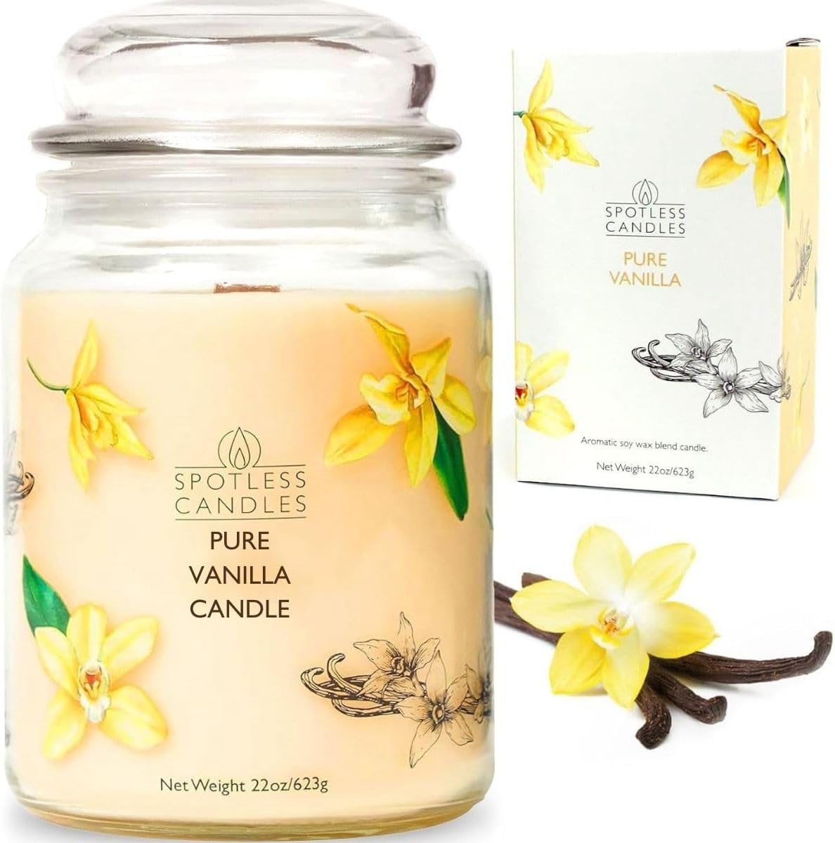 Pure Vanilla Scented Candle 22oz – 80-85 Hour Burn Time, Wooden Wick, Large Glass Jar with Lid, Warm Cozy Fragrance for Home Relaxation & Gift by Spotless Leopard