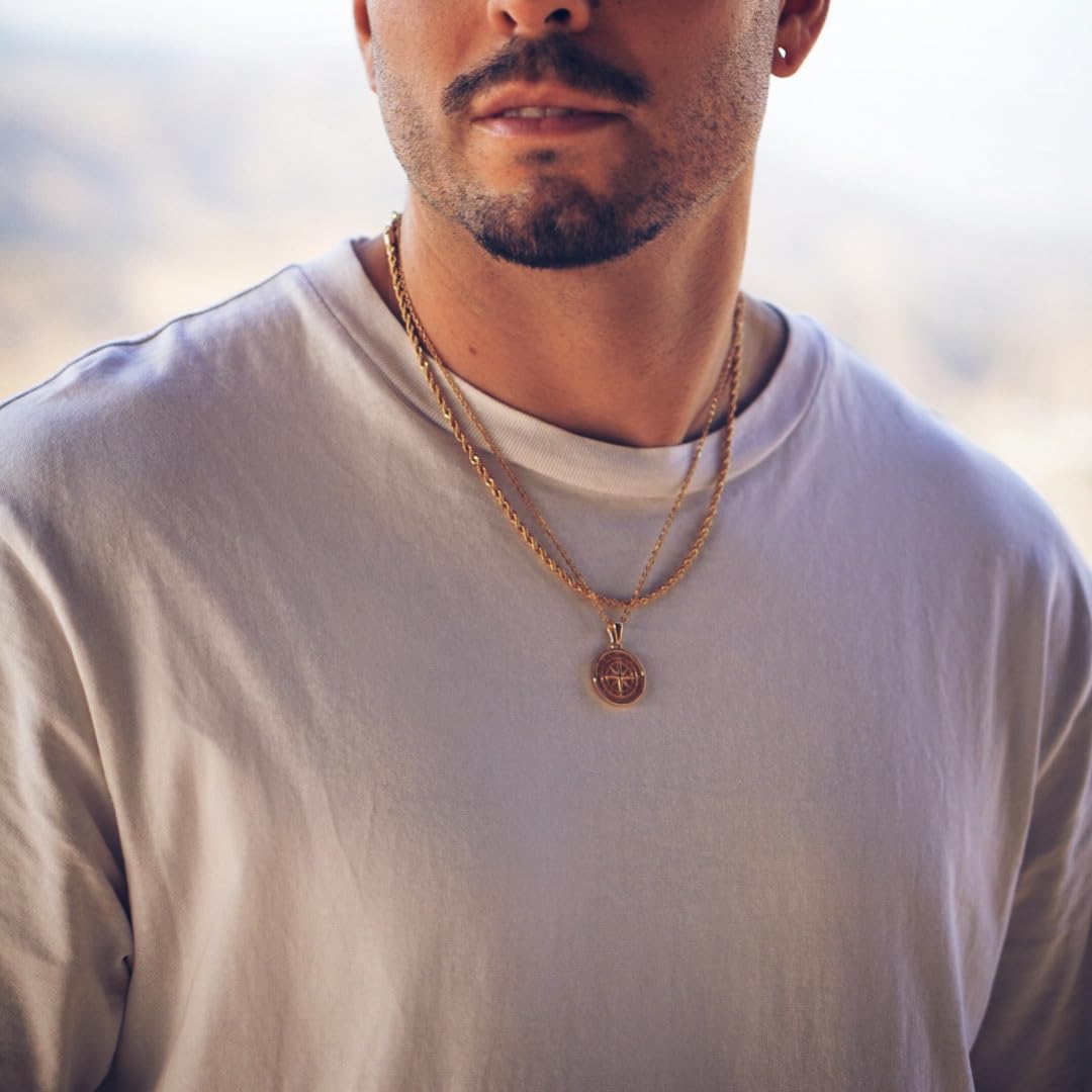 DVRK® Pack 2 Cadenas Hombre Bañadas en Oro 18k con Base de Acero Inoxidable 316L – Cadena Oro Hombre Estilo Cordón y Collar Brújula Resistentes al Agua y al Sudor - Regalo