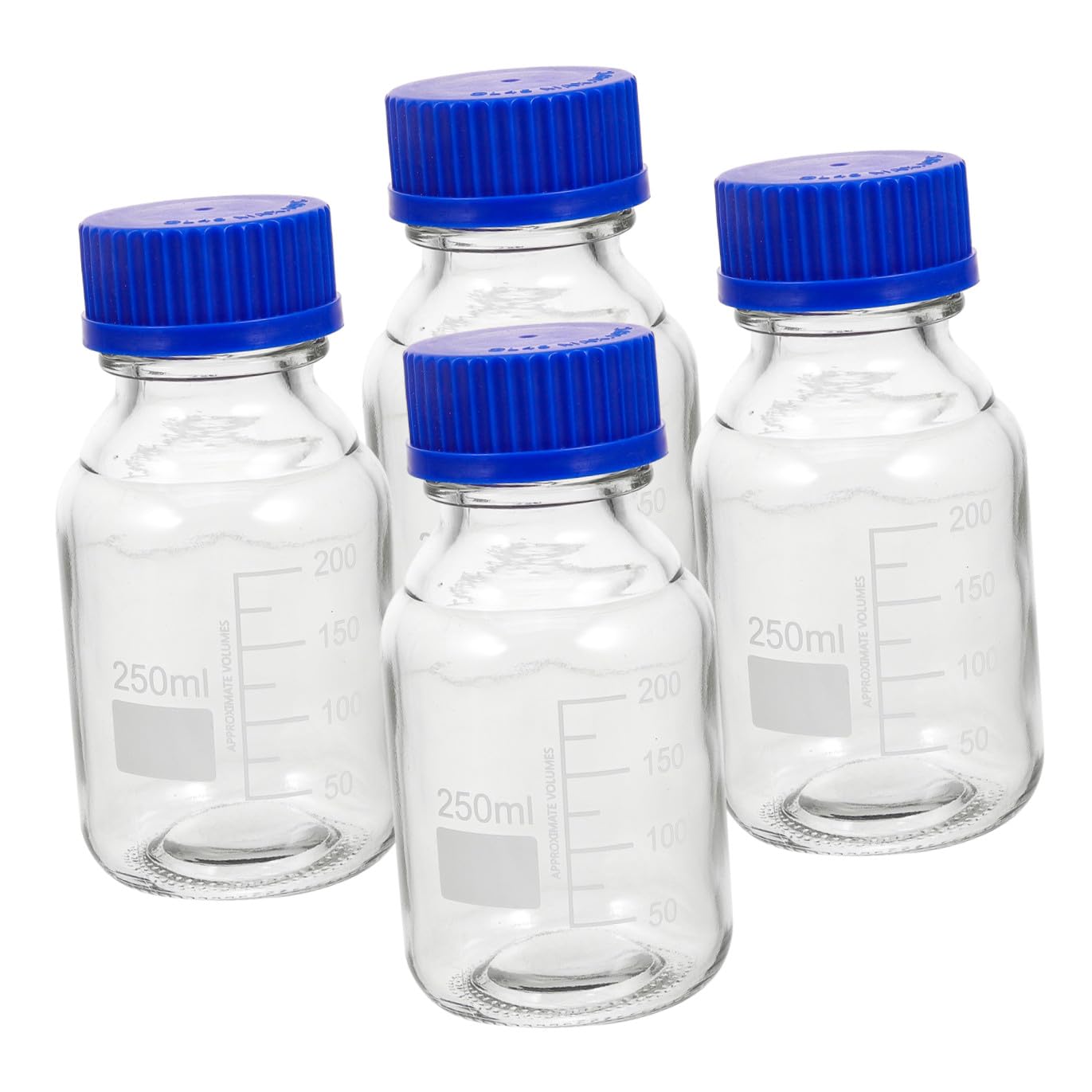 Set 4 Bottiglie di Vetro per Reagenti Blu con Tappo a Vite, Capacità 250ml, Resistenti a Rottura e Usura, per Laboratori e Applicazioni Didattiche