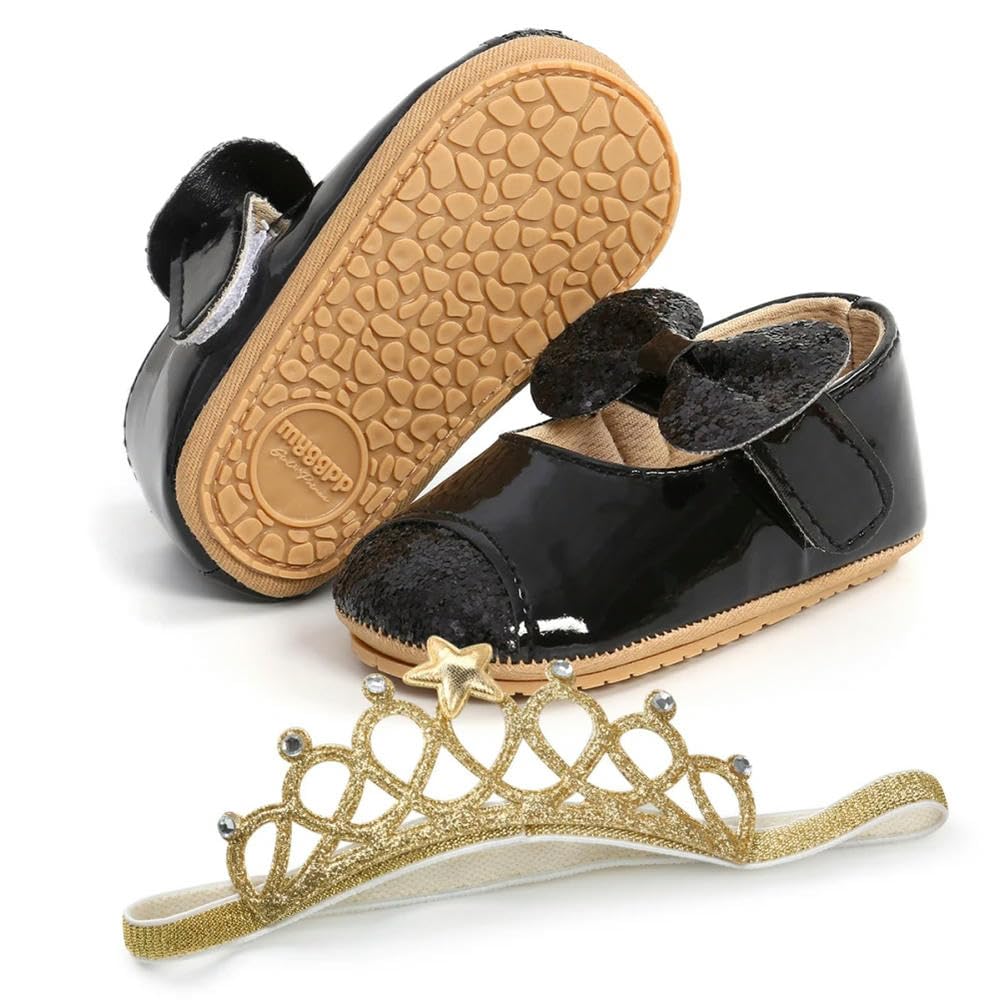 ZBDP - Scarpine per neonata + fascia per capelli, alla moda, con paillettes, fiocco, antiscivolo, per il battesimo