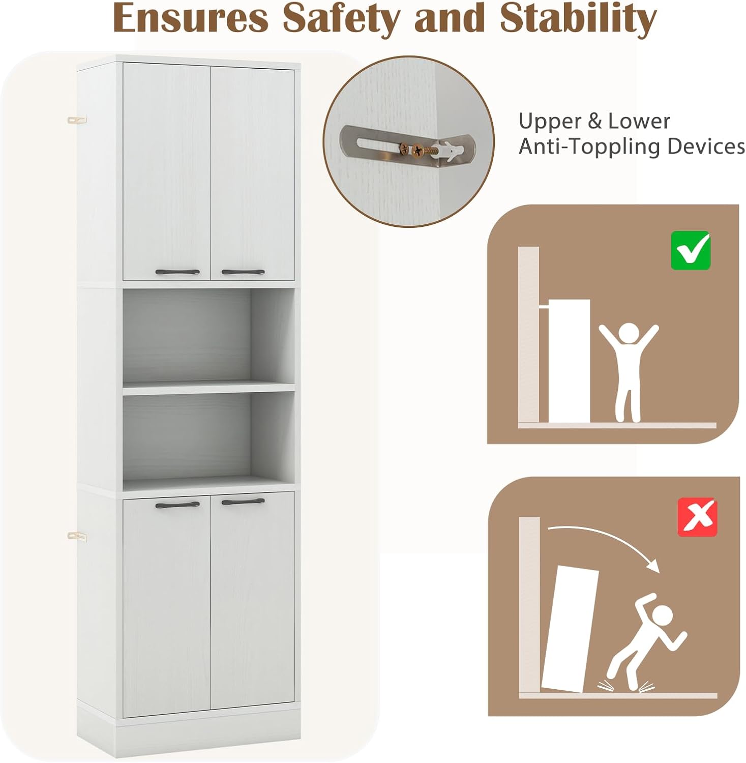 POWERSTONE Wood Kitchen Pantry Cabinet, 75" Tall Bathroom Storage Cupboard with 4 Doors & Shelves, Slim Freestanding Utility Hutch for Dining Room, Living Room, Bathroom Light Oak