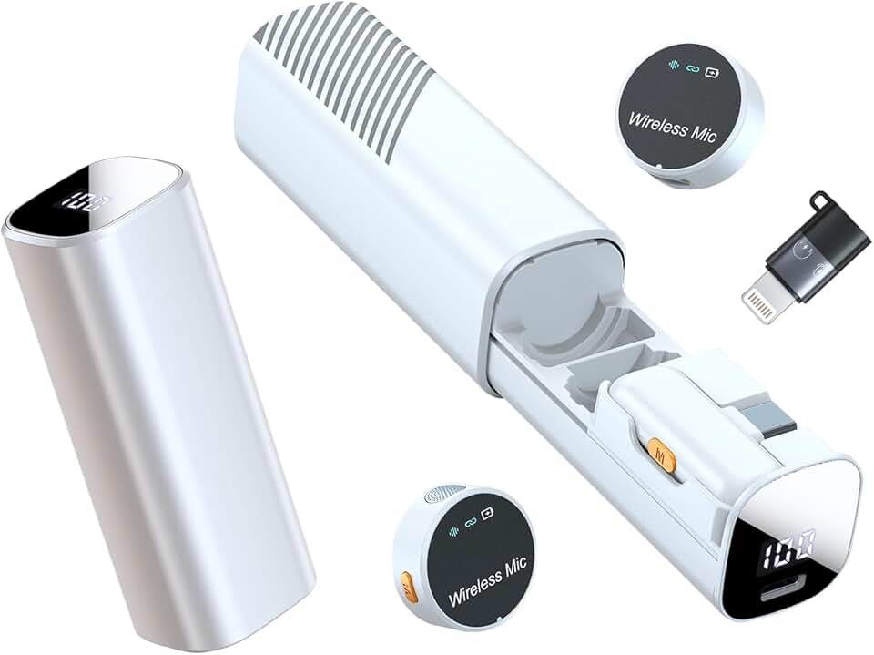 microfone de Lapela Sem Fio, Com Estojo Recarregável, Cancelamento de Ruído, 50m Alcance, 30h Bateria, Compatível com iPhone, Celular (Type-C/Lightning), para Gravação, Live e Reuniões (Branco)