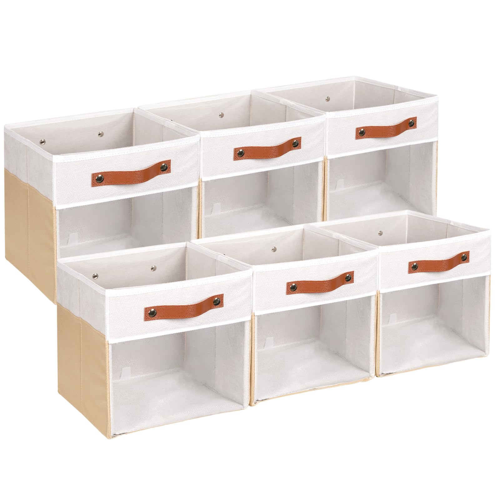 HNZIGE 11 Inch Foldable Fabric Storage Cubes - Clear Bins for Shelves, Canvas Cube Organizer Bins (White Beige 6 PCS)