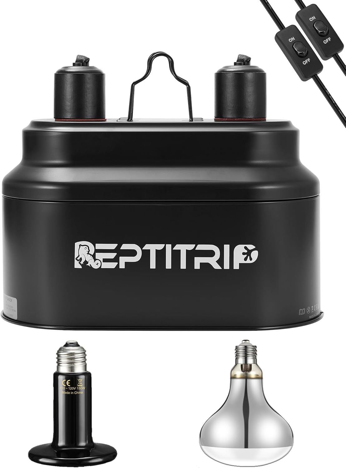 Dual Reptile Light Fixture with 100W Full Spectrum UVA UVB Light Bulb & 100W Nighttime Ceramic Heat Emitter, 2 Independent Switches, Reptile UVA UVB Heat Combo Pack