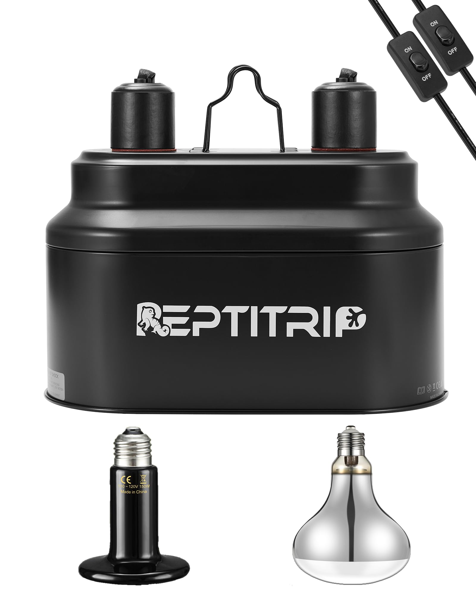 Dual Reptile Light Fixture with 100W Full Spectrum UVA UVB Light Bulb & 100W Nighttime Ceramic Heat Emitter, 2 Independent Switches, Reptile UVA UVB Heat Combo Pack