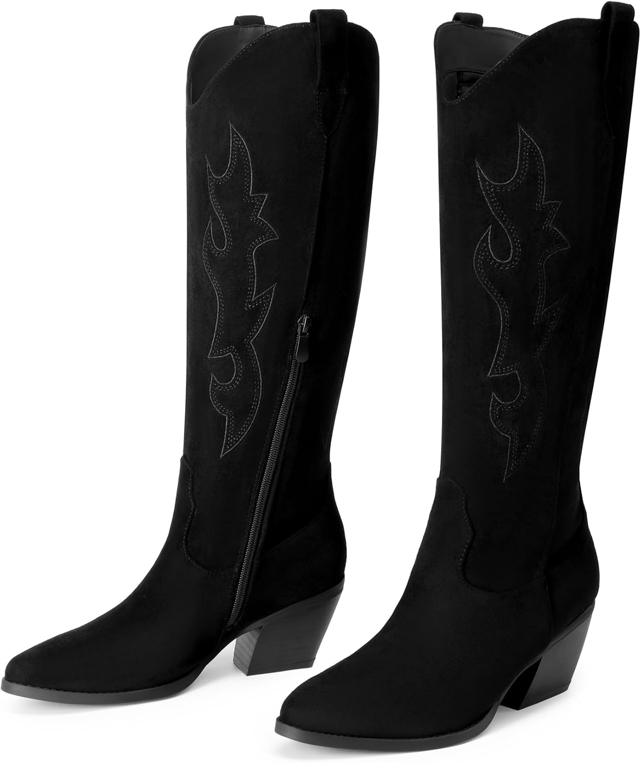DREAM PAIRS Cowgirl Boots Women Knee High Cowboy Boots Pointed Toe Chunky Block Heel Suede Tall Western Boots with Embroidered - Image 7
