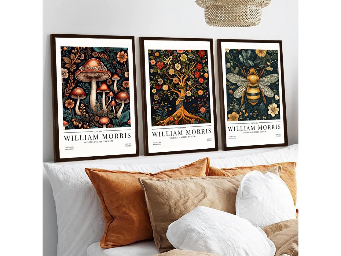 Set of 3 William Morris Art Print, Mushroom Tree of Life Bee Picture, William Morris Exhibition Poster, Elegant Home Decor, Ready To Hang Picture, Framed Wall Art (A3 - Set of 3 PRINT (Unframed))