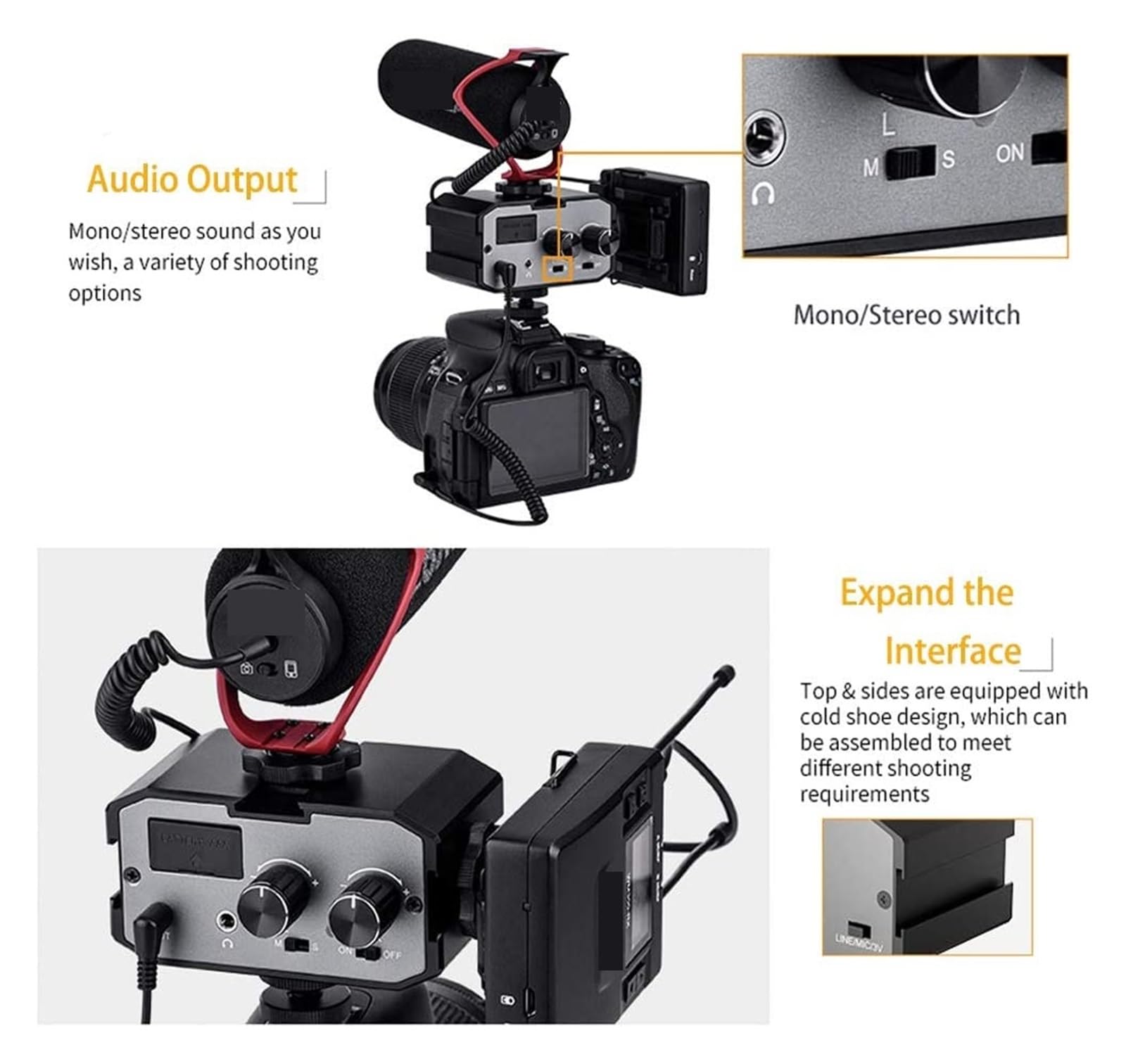 Podcast Equipment, CVM-AX1 Audio-Adapter, Mikrofon-Audio-Mixer-Adapter mit Echtzeitüberwachung, zwei Kanälen, 3,5-mm-Anschluss, Kamera-Mixer