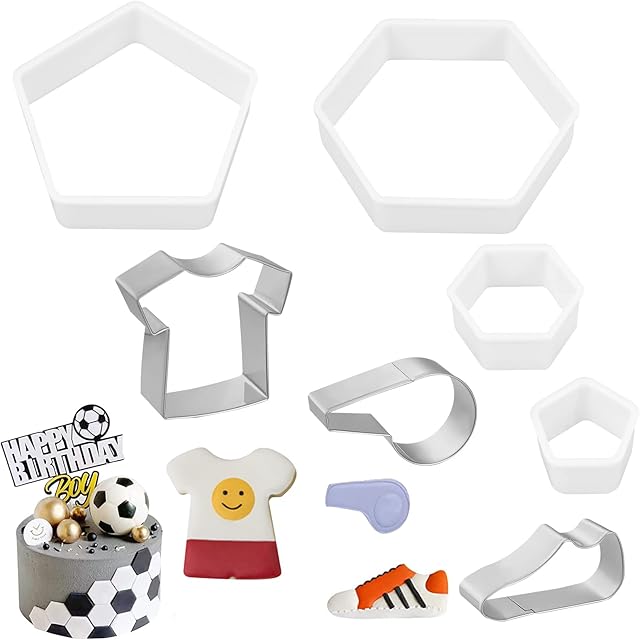 Football Pattern Cookie Cutters, Hexagon Biscuit Cutters with T-Shirt&Whistle Pattern Plastic DIY Fondant Molds Soccer Sugar Moulds Cake Desserts Decorating Tools(7 Pack)