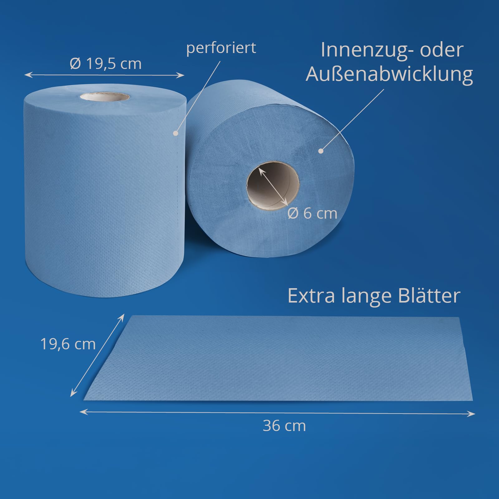 Hypafol Handtuchrollen MIDI 36x19,6 cm | Recycling Blau | 2-lagig, 150 m pro Rolle (6x) | Putztuchrollen für Gewerbe, Büro, Gastro, Sanitär und Werkstatt | Ø 19,5 cm | Extra lange Blätter