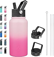 Vista 97 de BJPKPK - Botellas de agua aisladas con tapa con popote, botella grande de metal de 32 onzas con 3 tapas, termo reutilizable sin fugas y sin BPA