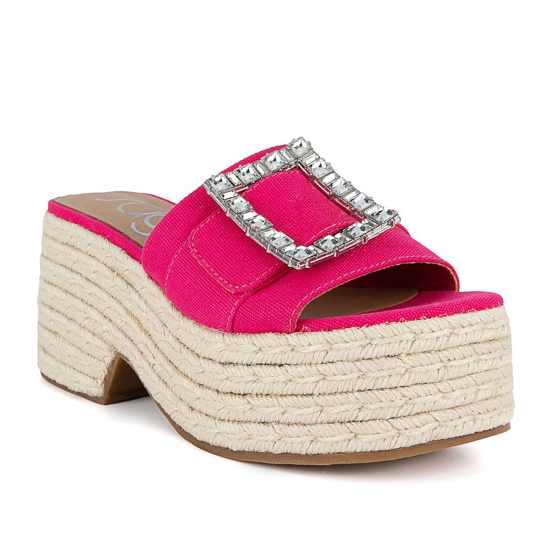 Sugar Women's Slip-On Platform Espadrille Sandals – Chunky Wedge Slide with Fabric Upper and Rhinestone Buckle – Summer Fashion Shoe for Casual &