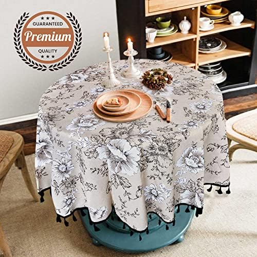 DINGC Round Tablecloth Floral Print Cotton Linen, Round Table Cloth Tassel Washable, Round Tablecloth Decorate Wipe Clean used of Dining Table, Living Room, Picnic 150cm/59in (Beige), Black Tassel