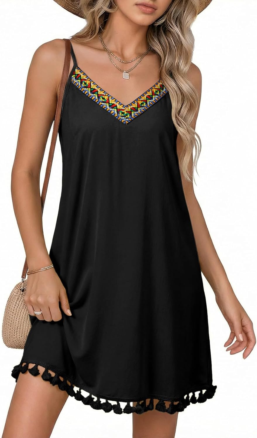 Dokotoo Summer Dresses for Women 2026 Beach Vacation Sundress V Neck Embroidered Spaghetti Strap Beach Cover Up