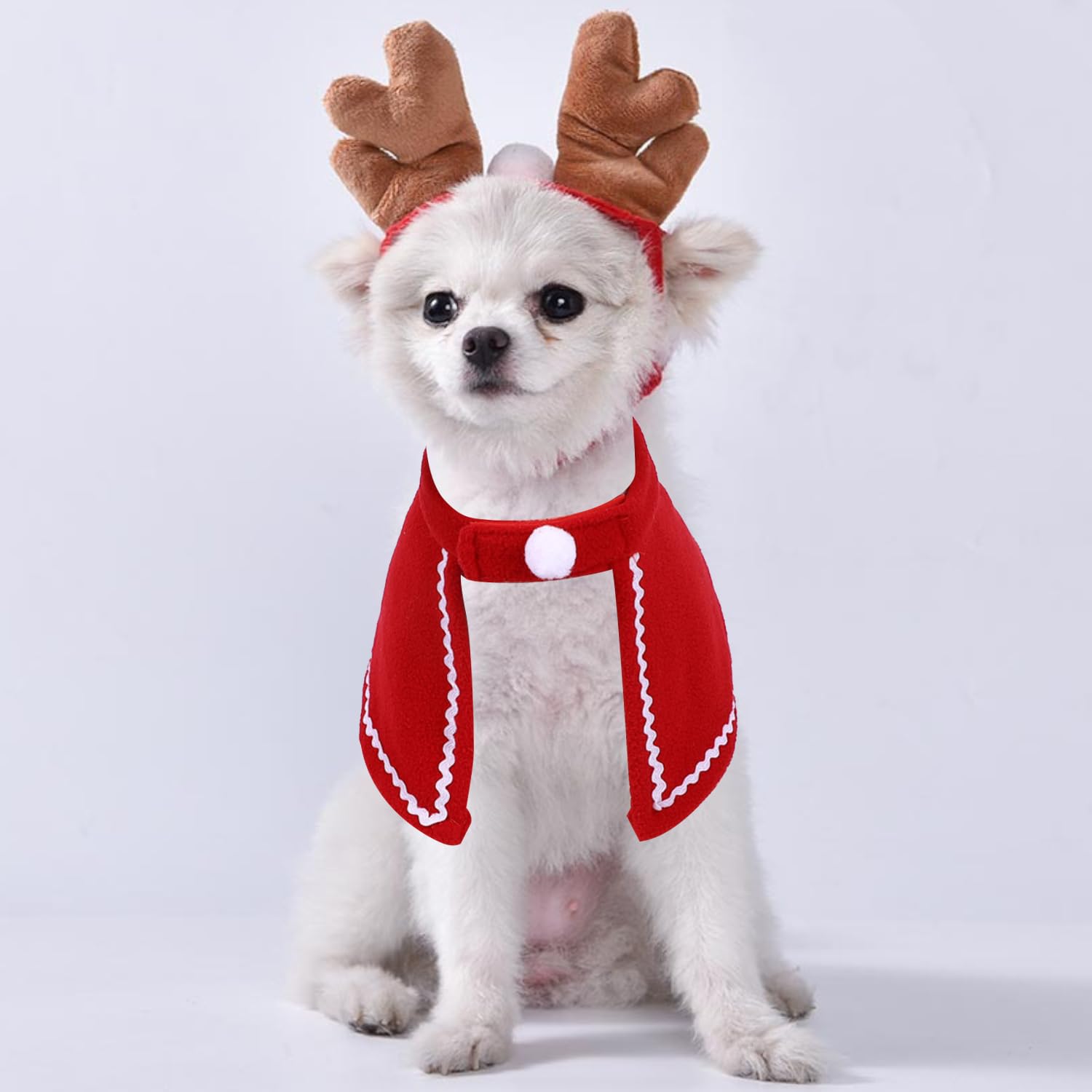 MFUOE 3Pieces Christmas Pet Costume Outfit Cute Reindeer Headbands Red Cloak Scarf Small Cats Dogs Cosplay Clothes Accessories for Holiday Party Decoration - Image 3
