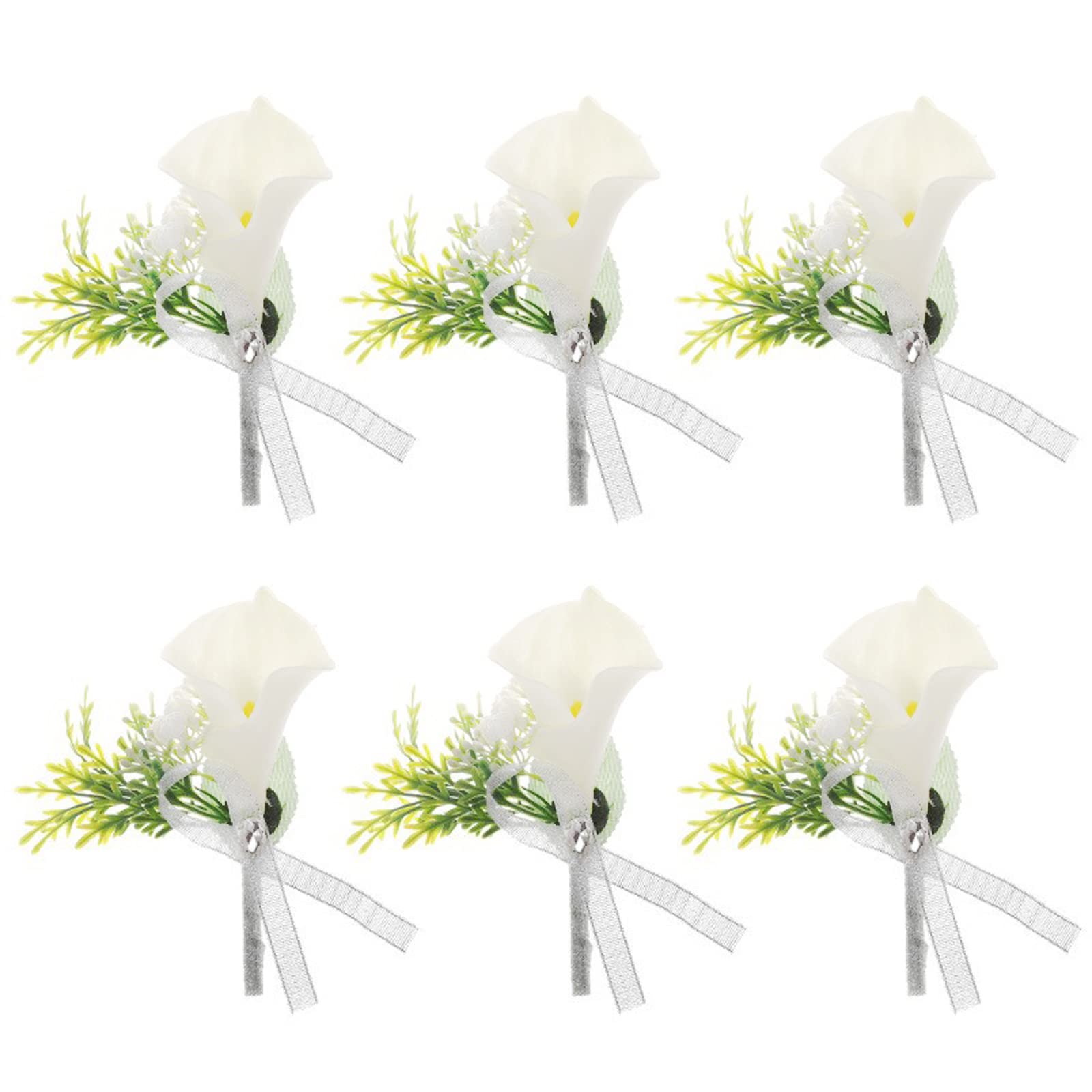MISNODE 6 Pack White Calla Lily Boutonnieres with Pins, Artificial Flowers Groom Groomsman Boutonniere, Real Touch PU Calla Lily Corsage for Wedding Ceremony Anniversary Party Prom Suit Decor