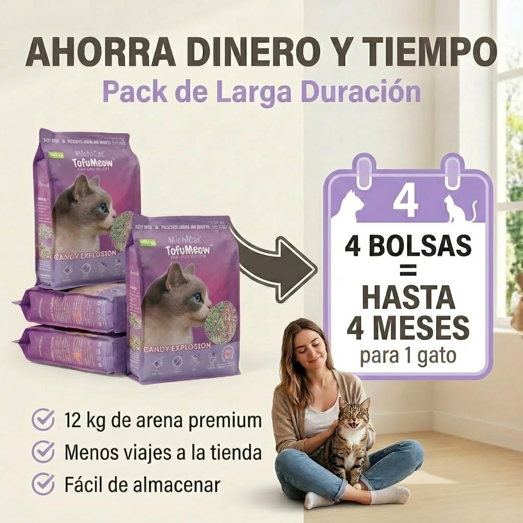 MichiCat Arena de Tofu para Gatos TofuMeow, 12 kg (4x3kg) Arena Aglomerante para Gatos Vegetal Biodegradable, Libre de Polvo, Control de Olores Avanzado, Desechable en WC, Pack Ahorro Larga Duración