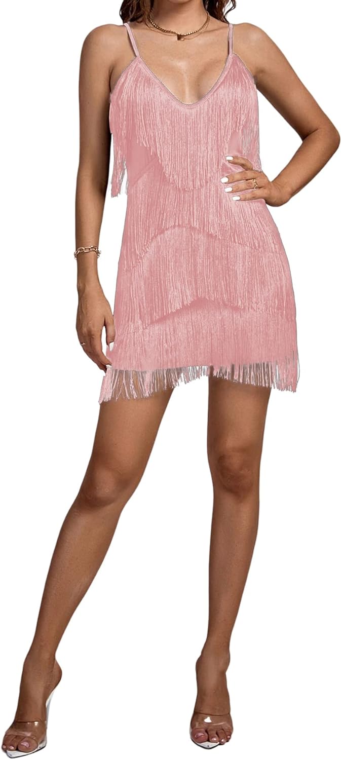 Umenlele Women's Layered Fringe Deep V Neck Cami Mini Dress Sleeveless Tassels Flapper Dresses - Image 6