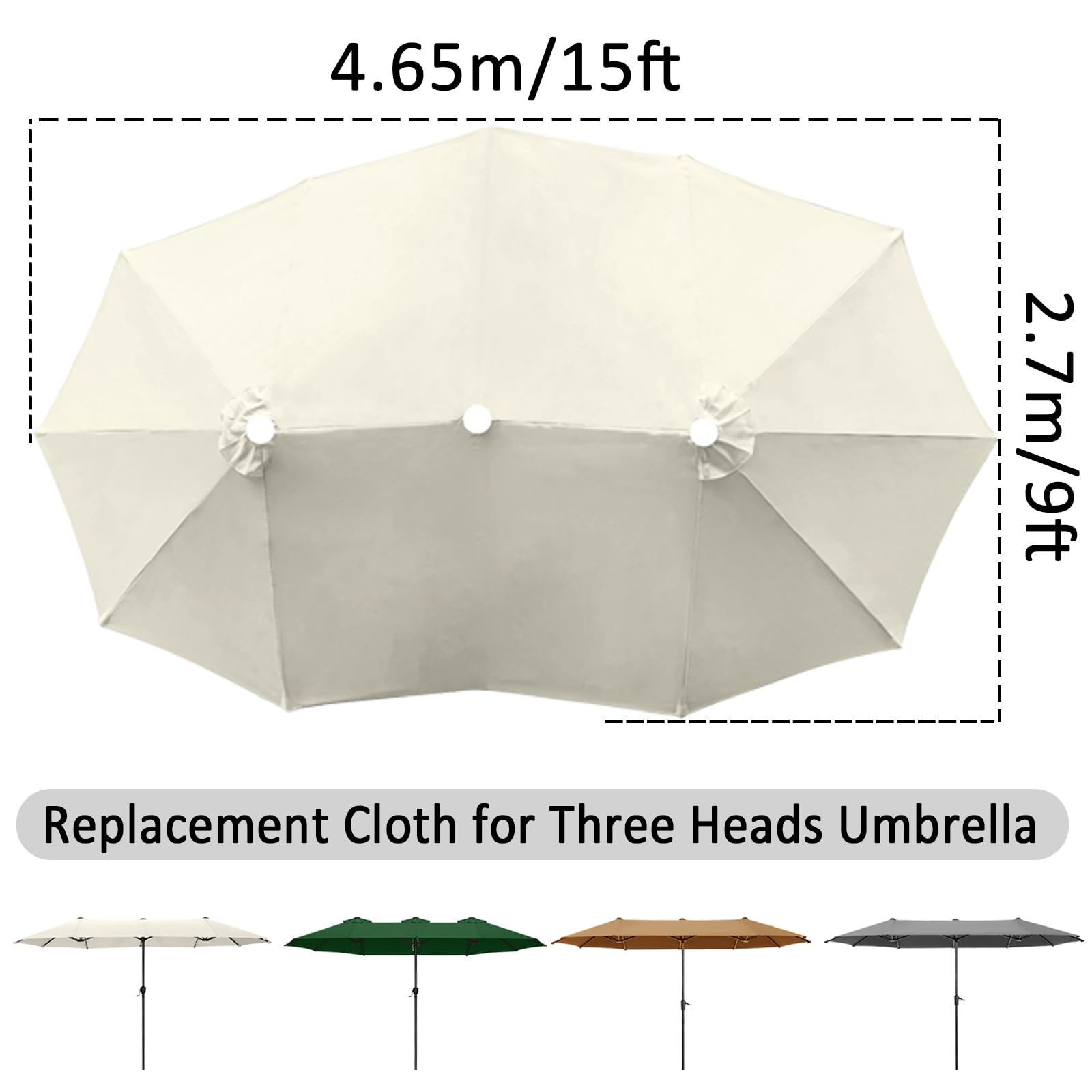 12 Baleines 3 Têtes Toile De Rechange Pour Parasol, Dessus De Parapluie De Remplacement Pour Parasol Déporté, Cour, Jardin, Ø270cm Imperméable Auvent De Rechange, Pas Facile À Décolorer(Off white)