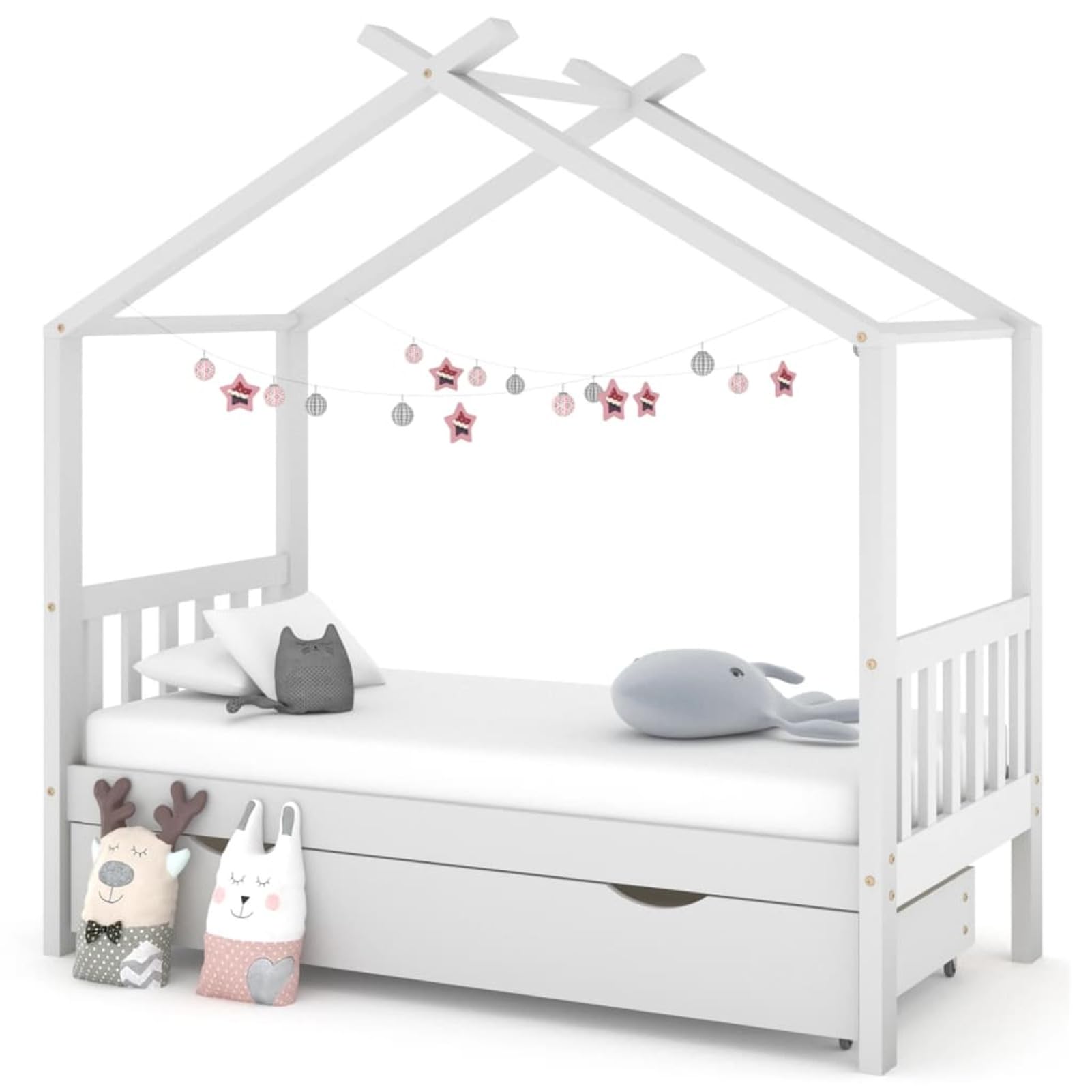 Festnight Kinderbett mit Schublade 80x160 cm Hausbett für Jungen & Mädchen ab 4 Jahren Kinder Bett Holz Jugendbett Massivholz Holzbett Bettgestell mit Lattenroste Bettrahmen Kinderzimmer Weiß