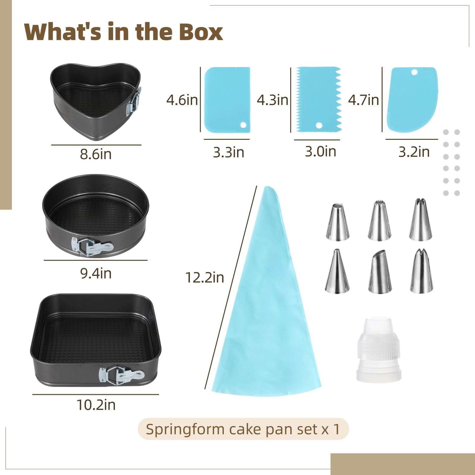 Lot de 3 moules à charnière pour gâteau, avec 6 douilles, une poche à douille et 3 spatules, moules à cheesecake antiadhésifs et étanches, formes cœur, ronde et carrée