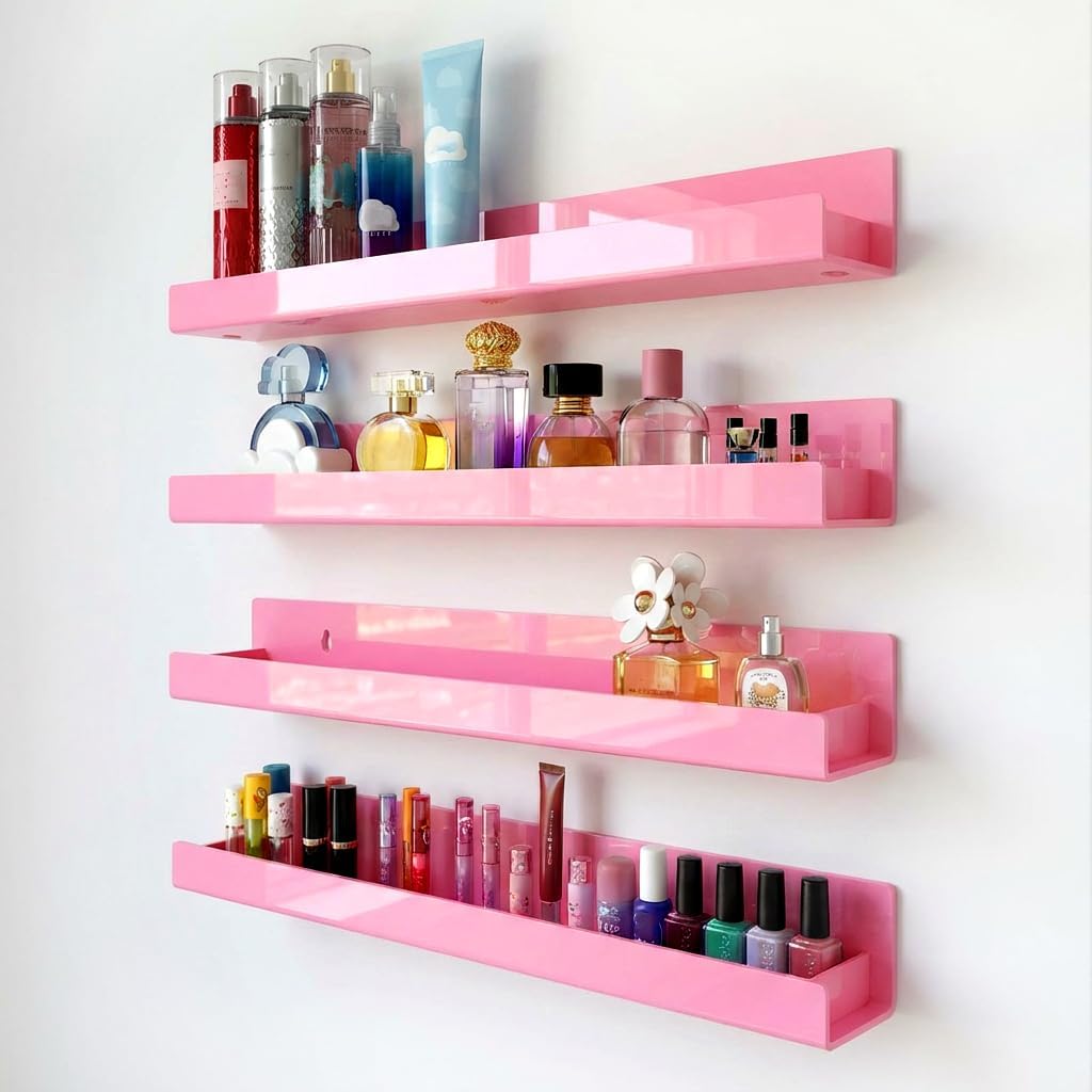 4 Pack 15 Inch Pink Acrylic Shelves, Kids Floating Bookshelf for Kids Room, Modern Nail Polish Rack Sunglasses Essential Oil Picture Ledge Display Toy Storage Wall Shelf