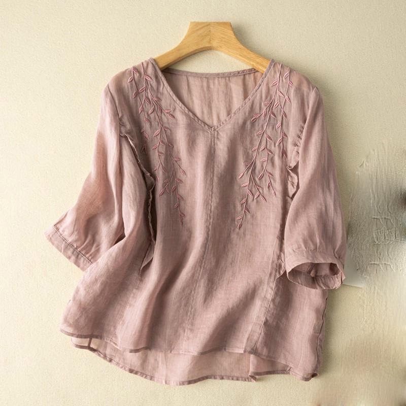 JYHBHMZG Women's Summer Cotton Linen Literary Retro Embroidered Top Loose Thin Blouse Ethnic Style